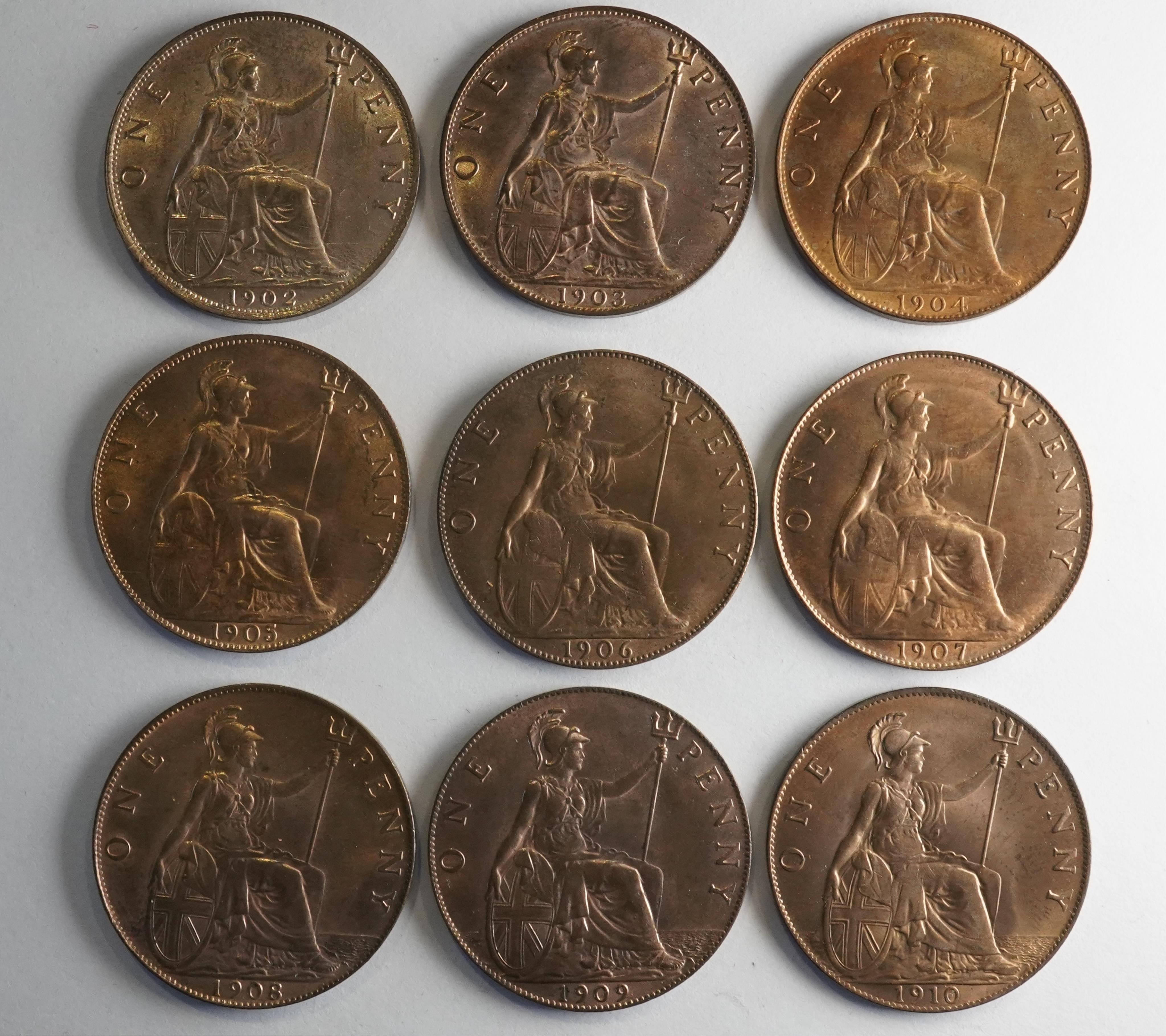 British coins, Edward VII, a date set of nine bronze pennies, 1902-1910;, 1902, Fr. 157, Gouby dies A/b, virtually as struck, UNC, full lustre, 1903, Fr. 158, Gouby dies A/b, virtually as struck, UNC, full lustre, 1904,